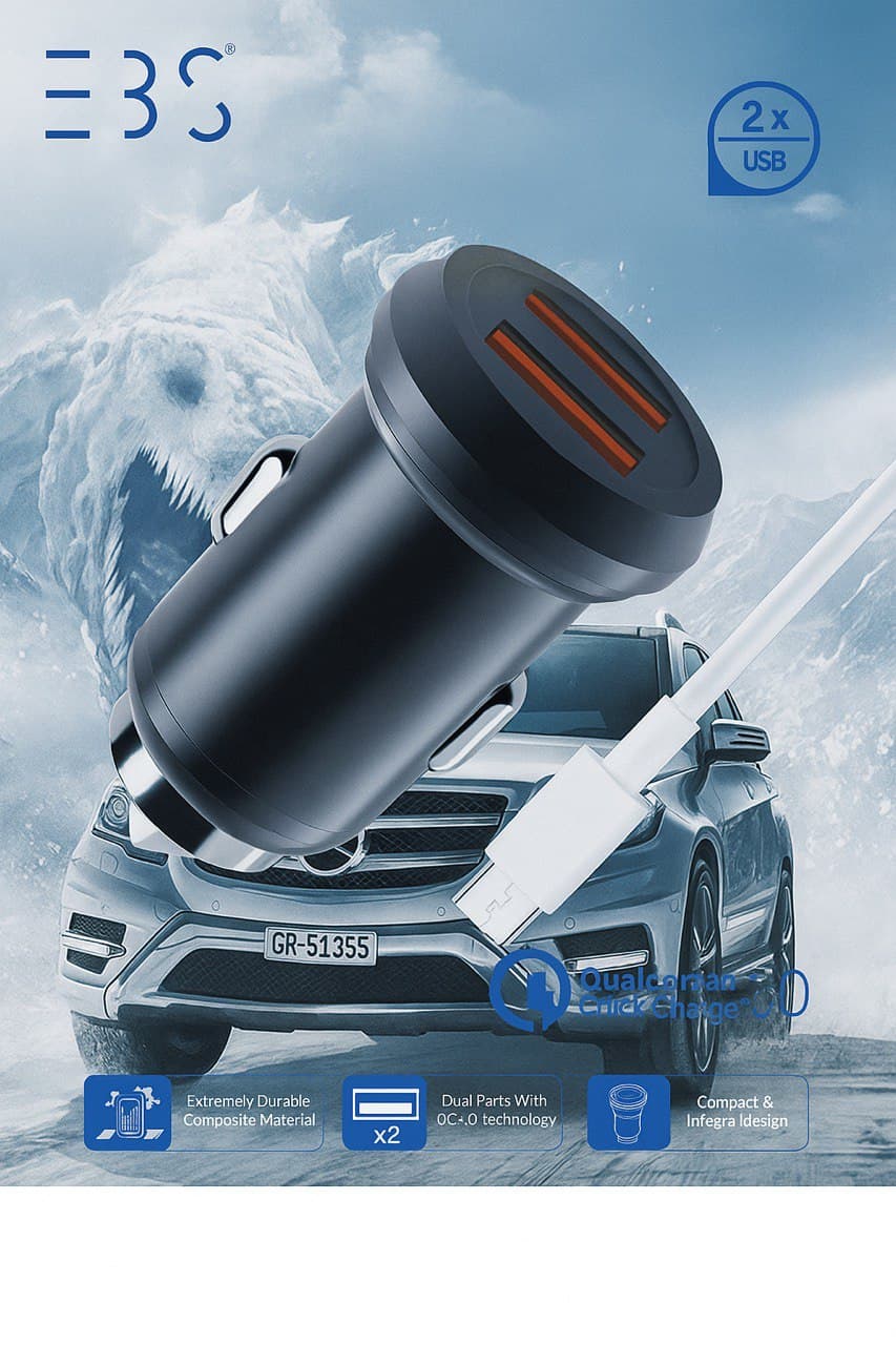 شارژر فندکی EBS دو پورت USB با فناوری QC3.0 - تصویر 1