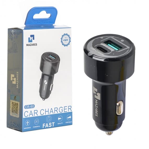 شارژر فندکی 38 وات دو پورت مازارس (MAZARES) مدل CR-60 با  کابل دوسر typc - تصویر 1