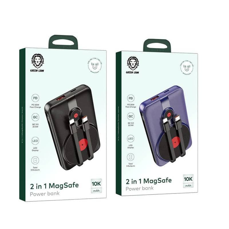 شارژر همراه گرین لاین مدل Magsafe PD 20W ظرفیت 10000 میلی‌آمپر ساعت با دو کابل سرخود - یزد موبایل