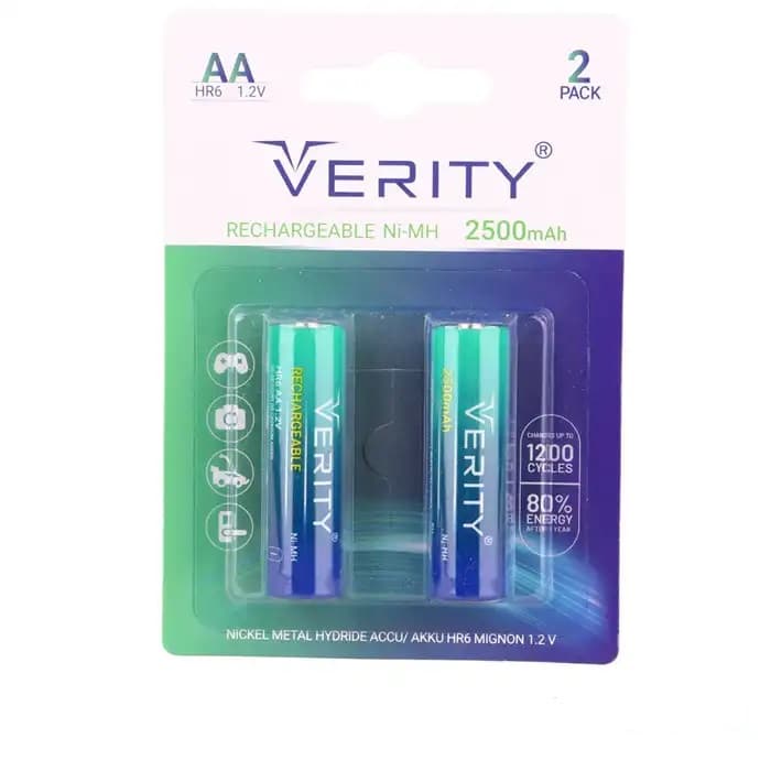 باتری قلمی قابل شارژ وریتی مدل Ni-MH HR6 ظرفیت 2500 میلی آمپر ساعت بسته 2 عددی - یزد موبایل